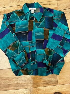 Vintage 90’s style erin london Teal Turquoise Navy Geometric Zip Jacket